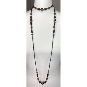 Vintage Layered Bead Necklace Brown Blue Acrylic Resin Double Strand Boho